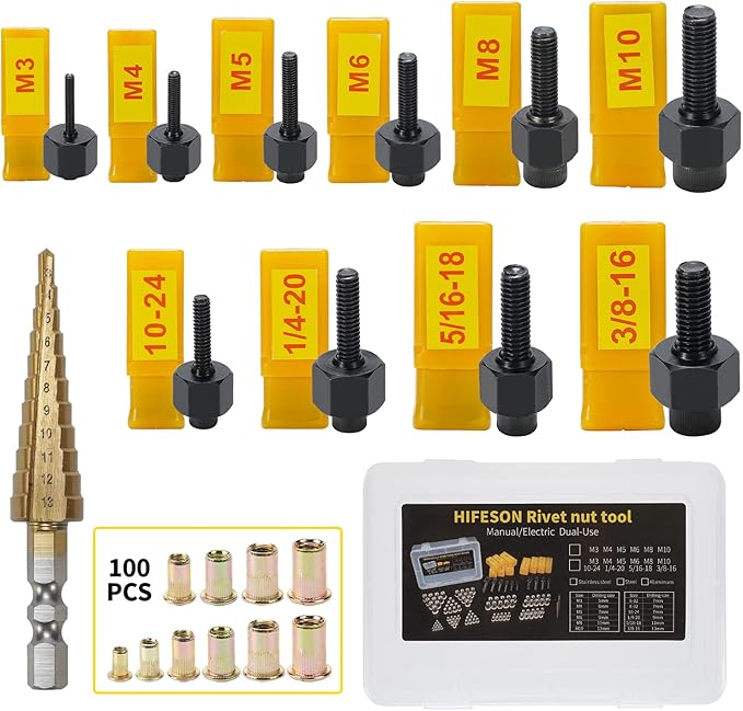 Rivet Nut Tool,Hand Nuts Riveter,Rivnut Tool with Metric and SAE,Rivet Nut Tool Rivet Nut Kit with a Step Drill Bit & 100 Rivet Nuts Assortment Kit