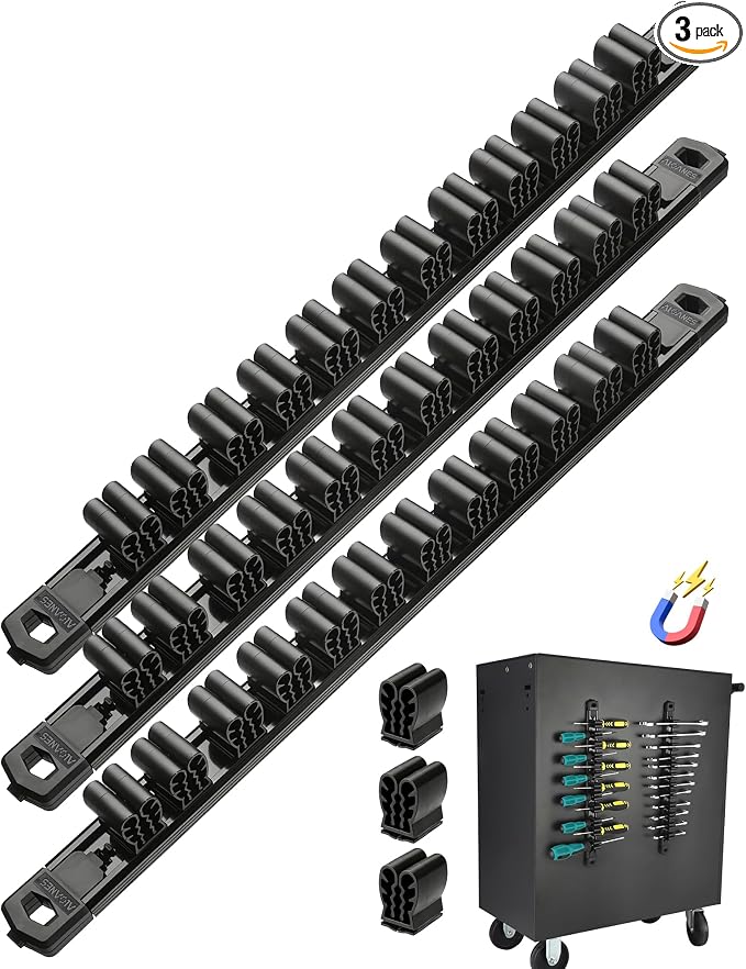 ALOANES 3PC Magnetic Screwdriver Organizer - 36 Slot Aluminum Alloy Rail for Toolbox & Metal Pegboard, Strong Magnetic Holder for Wrenches, Pliers, Workshop Garage Storage(Black)