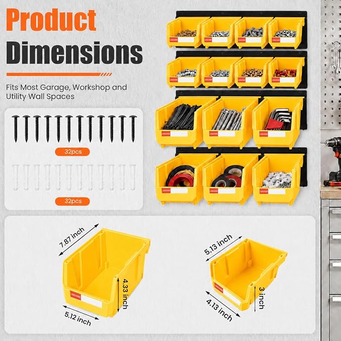 14pc Wall-Mounted Storage Organizer Mixed V1 V2 Combo Yellow | Heavy duty metal rails multi-size bins combo pack for garage tools, screws, hardware & batteries.