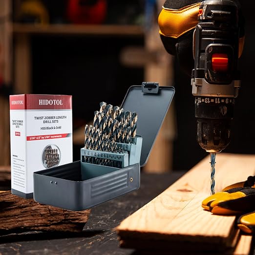 HIDOTOL Drill Bit Set 29Pcs, 135 Degree Tip High Speed Steel with Black and Gold Finish, Stainless Steel, Plastic and Wood with Metal Indexed Storage Case 1/16"-1/2"