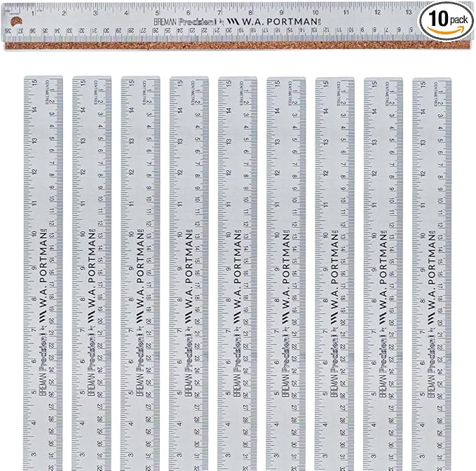 Breman Precision Metal Ruler 15 Inch Cork Back – 10 Pk Stainless Steel Straight Edge, Flexible Non-Slip Metal Ruler with Cork Backing – Imperial & Metric for Crafting, School, Workshop & Home Use