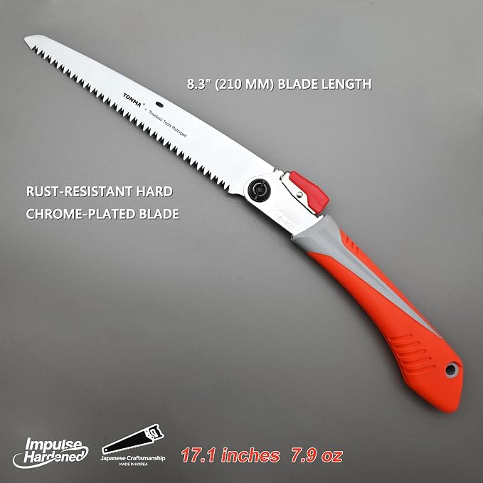 TONMA Folding Hand Saw [Made in Korea] 8" (210mm) Medium Teeth Small Pruning Hand Saw for Wood Cutting, Camping, Garden Woodworking, Japanese Craft Plating Impulse Hardened Stainless Blade