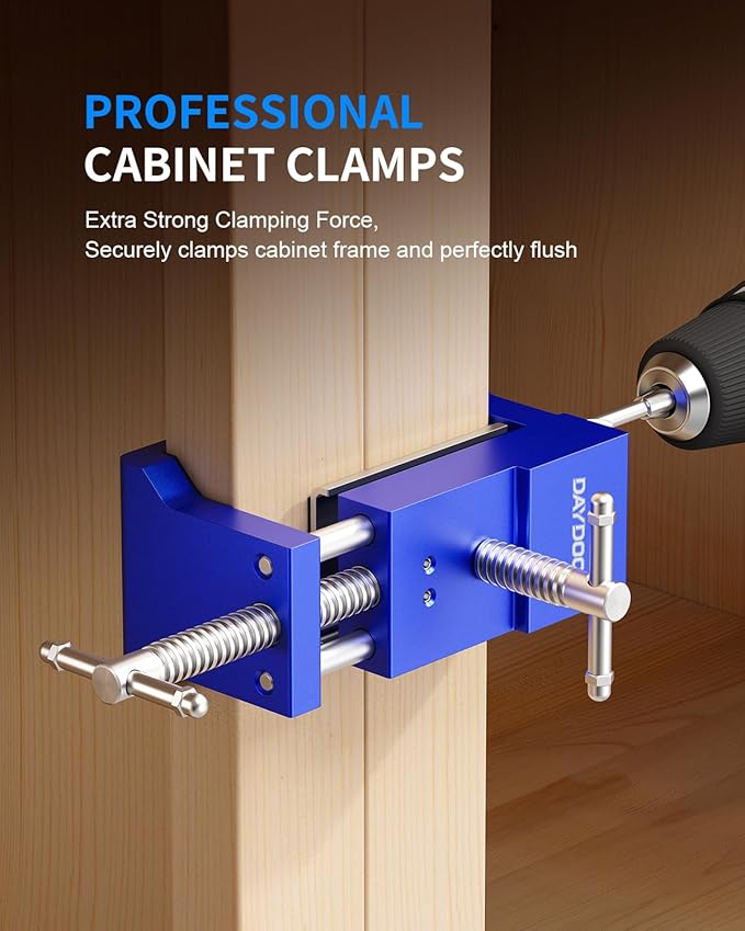 DAYDOOR Professional Cabinet Installation Clamps 2 Pack, Heavy Duty Face Frame Alignment Tool with Integrated Drill Guide & EVA Protection, Woodworking Claw Clamps, Blue