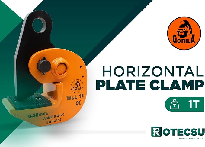 GORILA horizontal plate clamp | 2200lbs / 1 ton | Jaw opening 1.2 inch/30mm | Industrial and heavy duty Steel plate clamp for lifting and transporting | Safety factor 4:1 | Since 1989