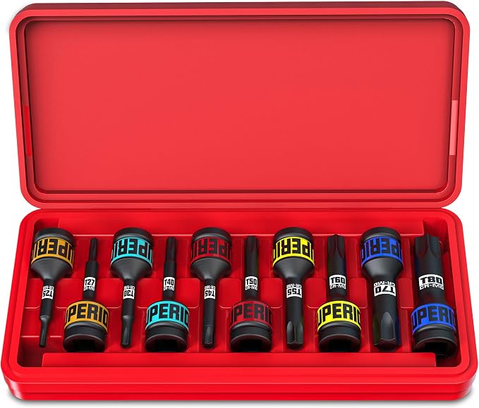 10 Piece 1/2" Drive Impact Torx Bit Socket Set, T25 - T80, Impact Star Bit Socket Set, CR-MO Steel, Automotive Machinery Repair Bicycle Servicing and Furniture Assembly