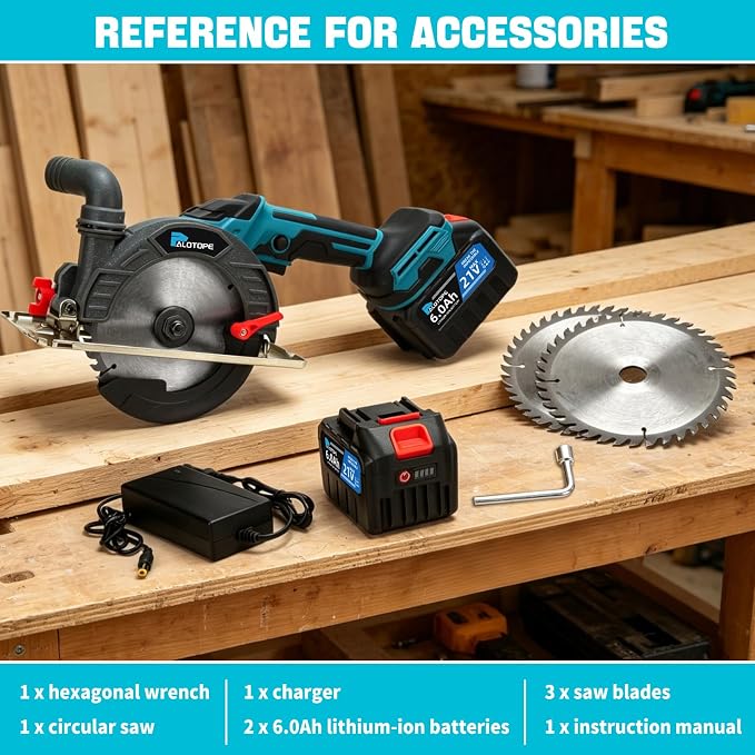 6" Cordless Circular Saw,6900 RPM Power Wood Saw with 2 X 6.0Ah Batteries, 6" Alloy Blade, 2.2"(90°)1.5"(45°) Max Cutting Depth,Portable Table Saw for Wood,Home Renovation