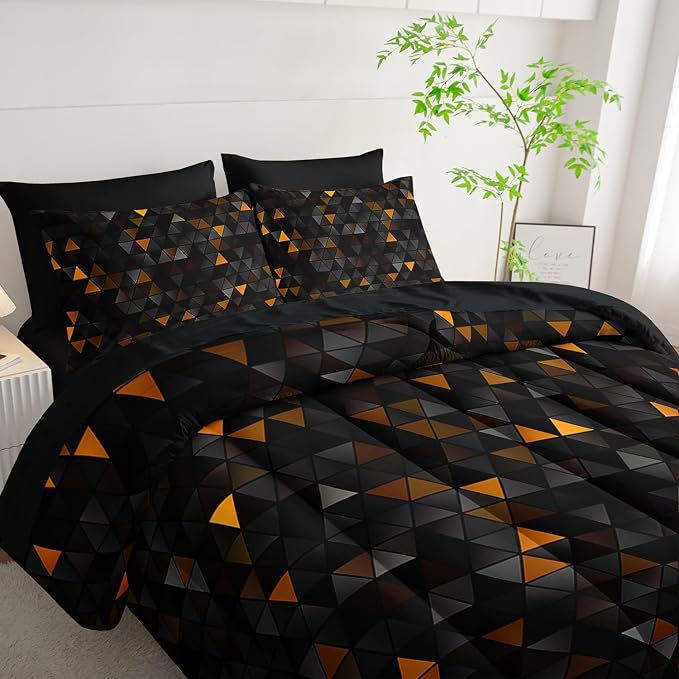 Nttopship Geometric Yellow Black Triangle Queen Size Comforter Set,Light Honeycomb Bedding Set 7 Piece in A Bag,Bed Sheet Set Geometry Decor,Microfiber Lightweight All Season