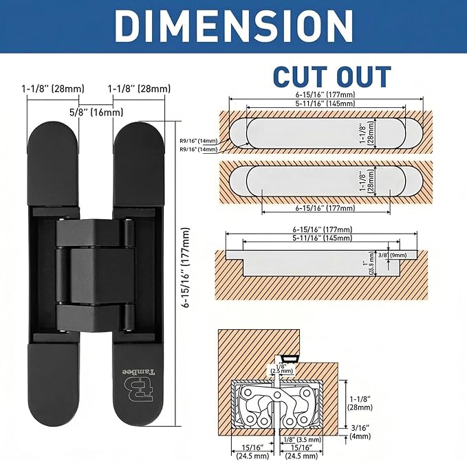 TamBee Hidden Door Hinge Invisible Hinges - Black, 3 Way Adjustable, Zinc Alloy, Concealed, for Secret Doors, Hidden Door and Bookcase Door 7 Inch (2 Hinges)