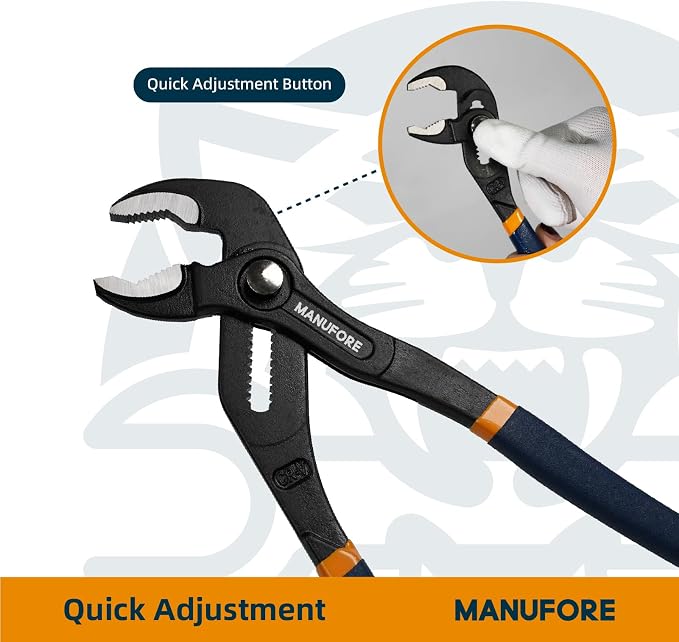 MANUFORE Water Pump Pliers, 7/10/12 Inch Tongue and Groove Pliers Set | Quick Release Design, Deep V-Jaws Teeth for Firm Grip, Comfort Grip and High Carbon Steel for Gripping Pipes, Rods, Shafts