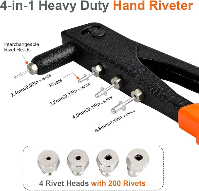 Rivet Gun, Manual Pop Rivet Gun with 4 Replaceable Nosepieces & 200 PCS Rivets, Hand Riveter for Automotive, Furniture, DIY & Metal Working