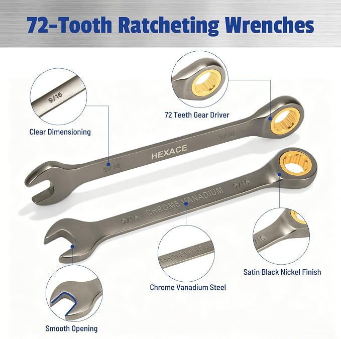 22-Piece Ratcheting Wrench Set, 72 Teeth, Metric & SAE | Metric 6–18mm & SAE 1/4–3/4", Anti-Slip Combination Wrenches with Organizer Box, Satin Black Nickel Finish,Combination Wrench