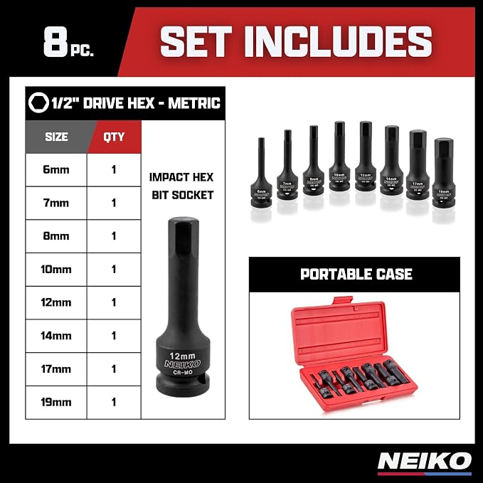 Neiko 01136B 1/2-Inch Drive Allen Hex Impact Socket Set, Metric, 6 mm - 19 mm, Cr-Mo, 8-Piece