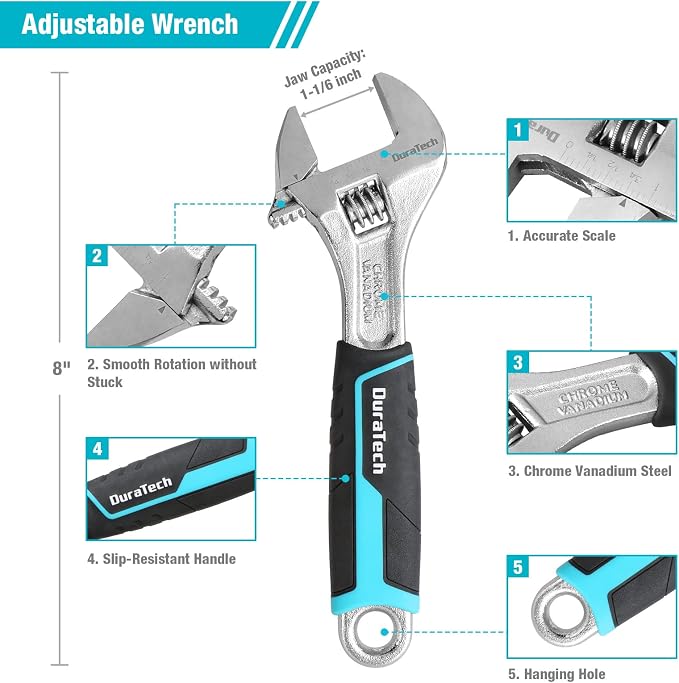 DURATECH 8-Piece Pliers Set with Rolling Pouch, Cr-V/Cr-Ni Construction | 3 Groove Joint Pliers (12", 10", 8"); 8" Adjustable Wrench; Linesman, Long Nose & Slip Joint Pliers; 6" Diagonal Pliers