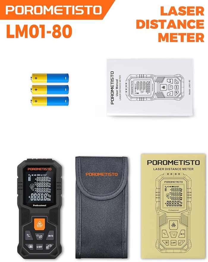 Laser Distance Meter POROMETISTO 164ft/50m, Digital Angle Finder, 12 Modes for Angle Area Volume Pythagorean Distance, ±2mm High Accuracy, Tripod Interface Design Handheld Digital Rangefinder