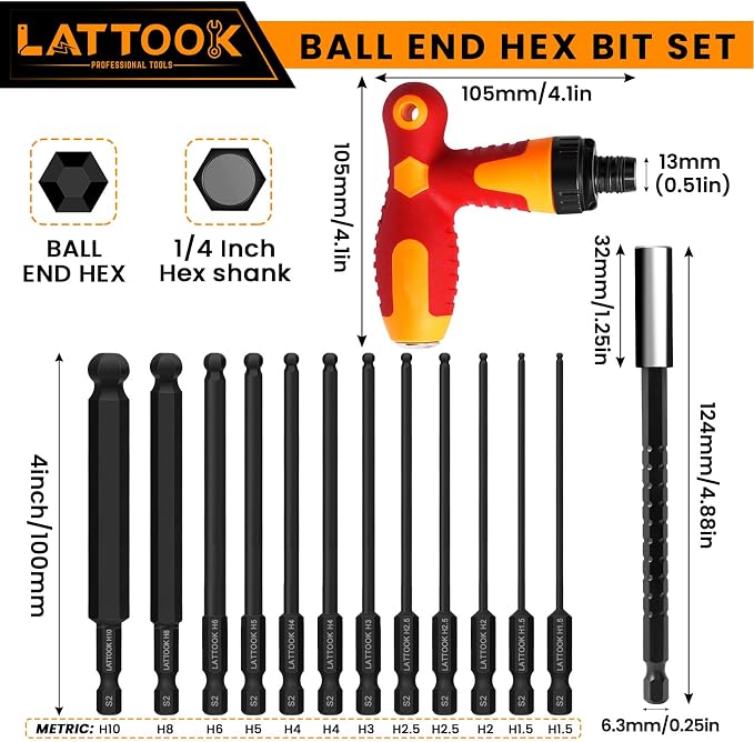 Metric Ball End Hex Bit Set with T Handle Ratchet Driver | LATTOOK 12PCS Ball End Hex Head Allen Wrench Drill Bit Set, Allen Key Drill Bit Set, 4'' Long, Magnetic S2 Steel