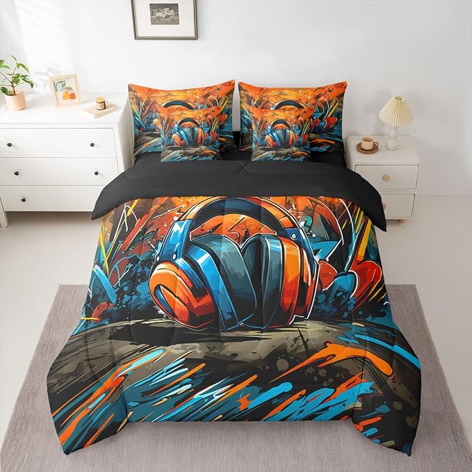 Erosebridal Gaming Headset Comforter Set 7 Piece Bed in a Bag Twin | Graffiti Gamer Bedding Sets Doodle Style Comforter and Sheet Set, Gaming Headphones Bed Sets