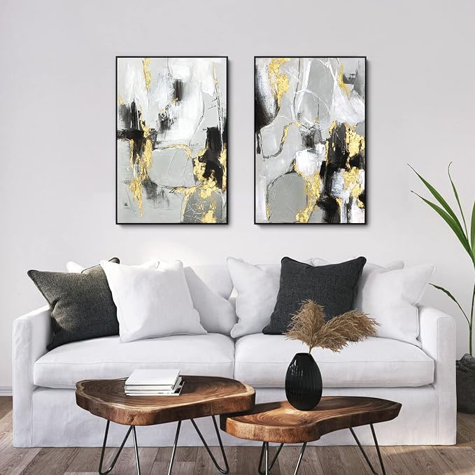 Zessonic Black and Gold Abstract Wall -Art Decor- 2 Pack 16 x 24 inches Black and White Canvas Wall Decor with Gold Foil for Living Room, Bedroom, Office, Framed, Ready to Hang