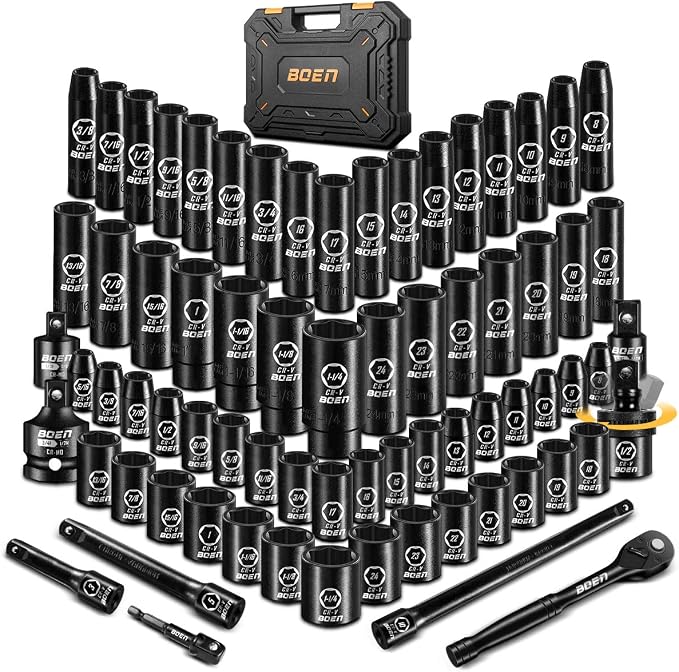 BOEN 1/2" Drive Impact Socket Set, 72 Piece Standard SAE (5/16"-1-1/4") & Metric (8-24 mm), Deep & Shallow Kit | Includes Ratchet Handle & Adapters | 3 ", 5", 10" Extension Bar