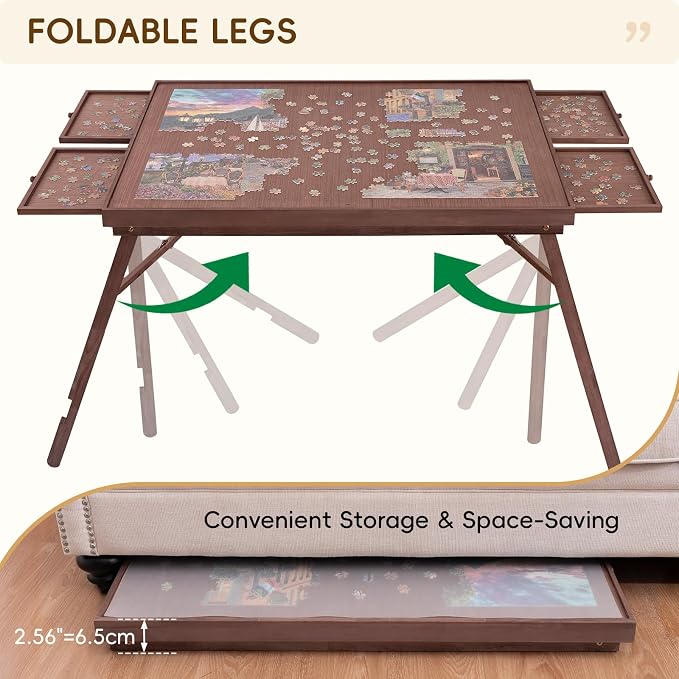 TEAKMAMA 27.6" H 1500Pcs Puzzle Table with Legs,4 Drawers for Adults,Brown | 34.3" W x 26.5" D Wood Folding Jigsaw Puzzle Board with Protective Cover