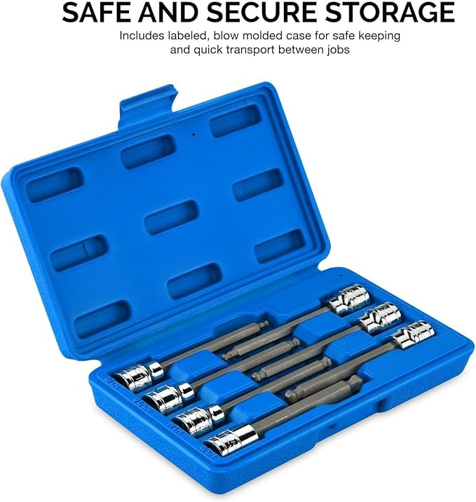 Neiko 10072A 3/8-Inch Drive Extra Long Allen Hex Bit Socket Set, SAE, 1/8-Inch - 3/8-Inch | S2 and Cr-V Steel, 7-Piece Set