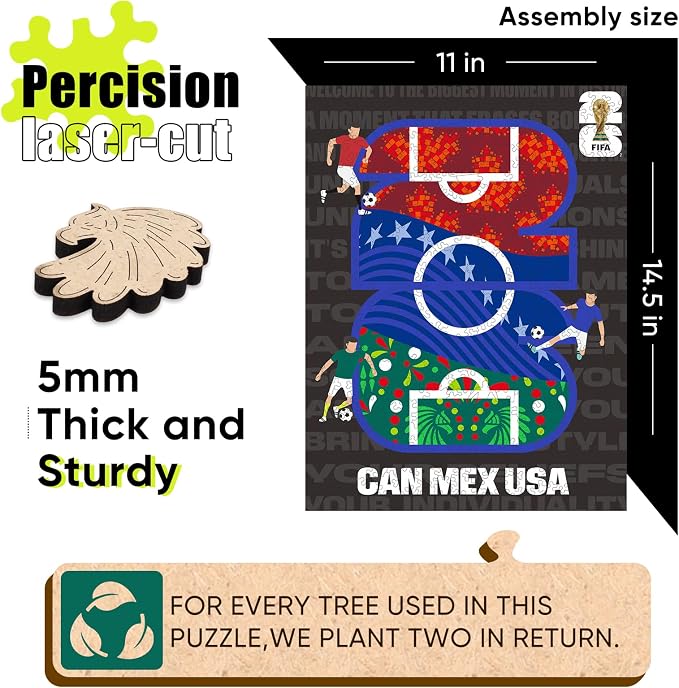 FIFA CAN/MEX/USA Logo Field - Wooden Puzzle for Adult, 300 Pieces Irregular Shape Puzzle, 5MM Thick, Creative Collectible Gift for Fans, Officially Licensed Product, 10 x 14.5