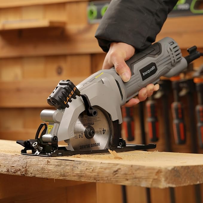 Mini Circular Saw, 4Amp 3500RPM Corded Compact Saw with 4-1/2" 24T TCT Blades, Laser Guide, Rip Guide, Vacuum Adapter and Blade Wrench, Max Cutting Depth 1-11/16"(90°), 1-1/8"(45°）