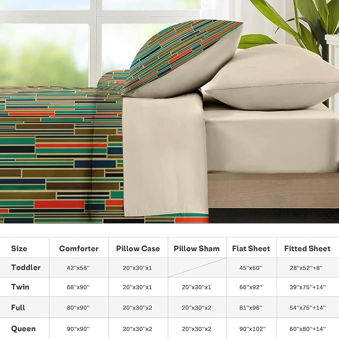 Nesker Comforter Set King Size, Mid Century Geometric Retro 7 Pcs Bedding for Kids and Adults, Stripe 50S Vintage Bed Sheet Sets with Fitted Sheet 2 Pillowcases & 2 Shams