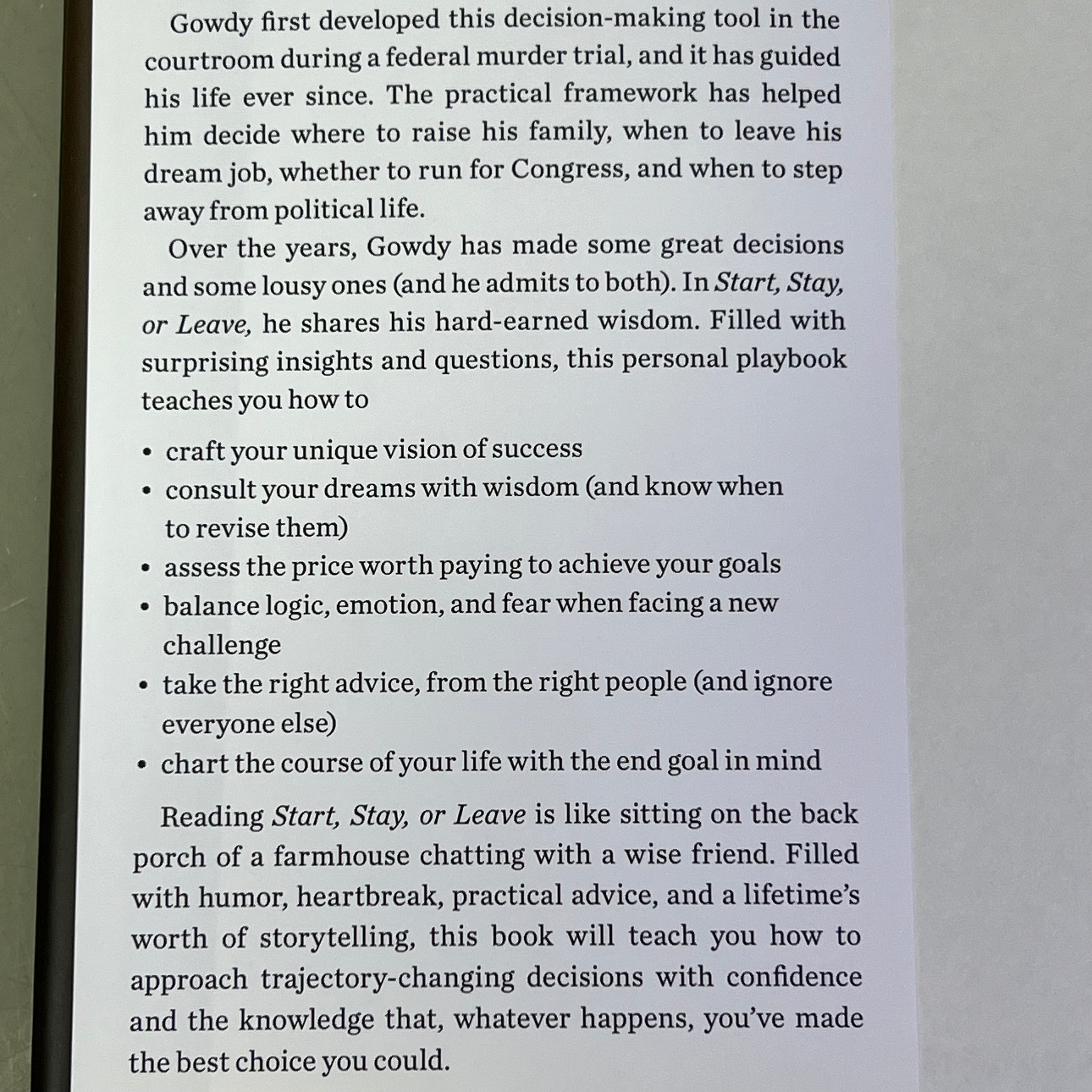 START, STAY, OR LEAVE The Art Of Decision Making By Trey Gowdy Hardback Book