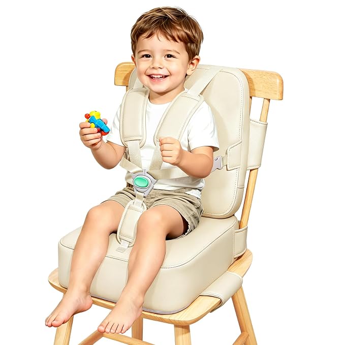 Toddler Booster Seat for Dining Table,Kitchen Chair Booster Cushion | Non-Slip Booster Seat with Backrest and 5 Piont Harness, PU Waterproof Travel Baby Booster Increasing Cushion