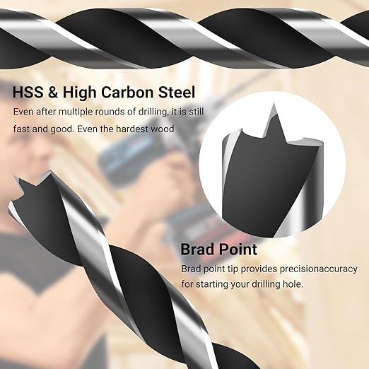 Extra Long 9.05" Brad Point Wood Drill Bit Set Imperial - 7 Pack Carpenters Quality - Drill Splinter-Free Perfectly Round Holes in All Types of Wood (1/8",3/16",1/4", 5/16",3/8",7/16",1/2")
