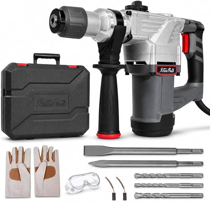 XtremepowerUS 1180W SDS-Plus Electric Rotary Demolition Chipping Hammer 1-1/4" Combination Rotary Hammer Drilling Chisels & Drill Bits Set with Case