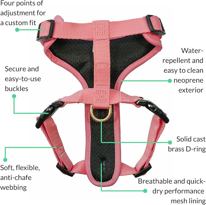 Adventure Dog Harness - Stylish, and Durable Large Dog Harness for Outdoor Adventures and Everyday Wear - Quartz Pink Neoprene Adjustable Harness for Dogs with Reflective Piping, Brass D-Ring