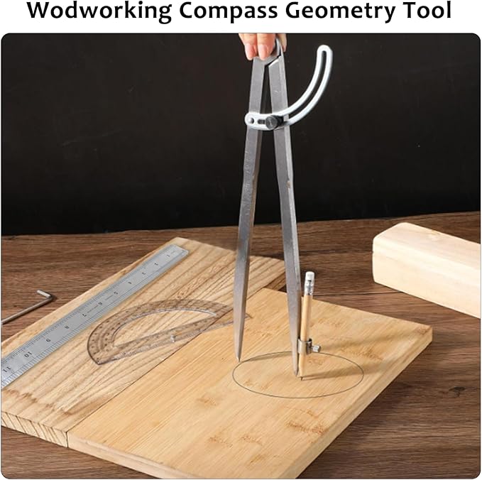 Compass Geometry Tool, Drawing Compass, Professional 12 Inch Large Compass with Wing for Woodworking, 6 Inch Protractor, 12 Inch Ruler, 2 Pencil for Carpenter, Drafting