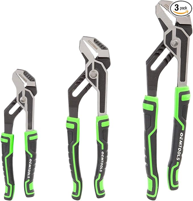 OEMTOOLS 22648 3 Piece Groove Joint Pliers Set, For Gripping, Pulling, and Turning Pipe and Fasteners, Includes 8", 10", and 12" Pliers, Chrome Vanadium Steel, Hardened Teeth, TPR Grips
