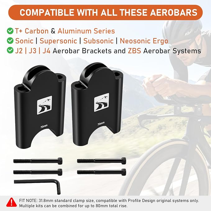 70mm Aluminum Aerobar Riser Kit, Clip On Aero Bars Armrest Handlebar Spacers for Road Bike Triathlon and Time Trial, Compatible with Profile Design 31.8mm Clamp, with M5 & M6 Mount Bolts