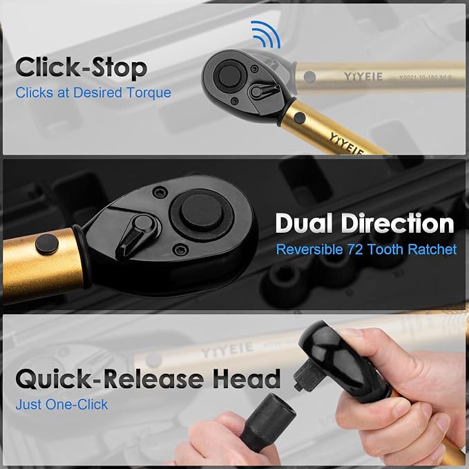 1/2" Drive Click Torque Wrench Set 3PCS, 10-180 FT-LB/13.6-244.1 Nm | ±3% Accuracy, 72-Tooth Ratchet with 3/8 Adapter & Extension Bar, Lug Nut Torque Wrench for Car Tire, Wheel & Motorcycle