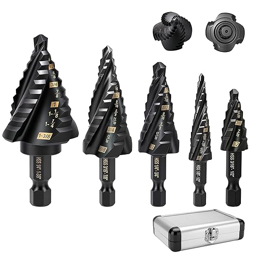 5PCS Titanium Step Drill Bit - Four Spiral Flute HSS Step Bit, 50 Sizes from 3/16" to 1-3/8", Steps Bits for Metal, Aluminum, Wood & Plastic, for Electricians & DIY