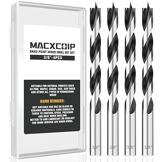 Brad Point Wood Drill Bit Set, 4Pcs 3/8" Drill Bit Set with Double Flutes Design for Carpenter Woodworking and All Types of Wood