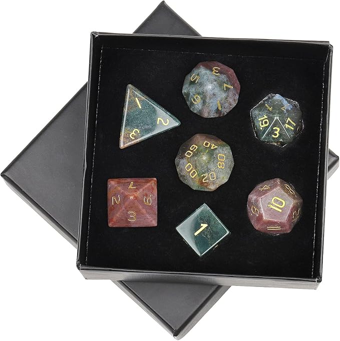 mookaitedecor 7 PCS Indian Agate Crystal Polyhedral DND Dice Set, Polished Tumbled Stones Dices for RPG MTG Table Games Home Decoration