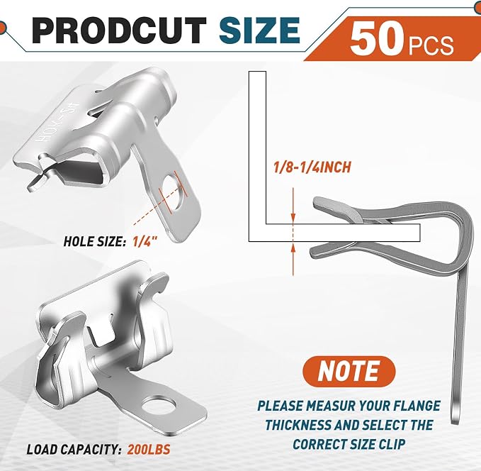Hicarer 50 Pcs Hammer-on Flange Clip Side Mount 1/8-1/4 Inch Beam Clamp with Hole Cable Clip for Flanges Spring Steel(Sliver)