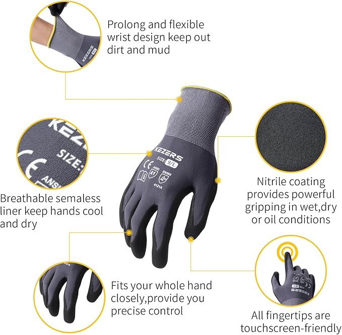 KEZERS Work Gloves with Nitrile Coat Micro Foam Grip on Palm and Fingers,12Pairs,Seamless Knit Nylon Gloves,Home Improvement