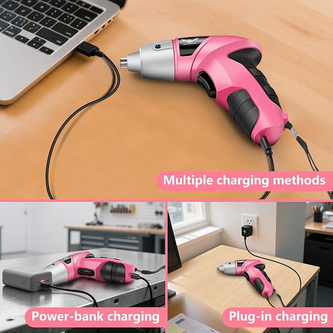 JENABOM Pink Cordless Electric Screwdriver, 3.6V Rechargeable Small Electric Drill with 24pcs Driver Bit Set, Power 3.5Nm Screw Gun with LED Light for Women