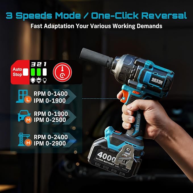Seesii Impact Wrench 886 Ft-lbs(1200N.m), 1/2 High Torque Impact Gun with 21V 4000mAh Battery, Electric Impact Driver, 2900IPM, 5 Socket, Cordless Impact Wrench for Home Car/Mower/Pickup/Truck RV