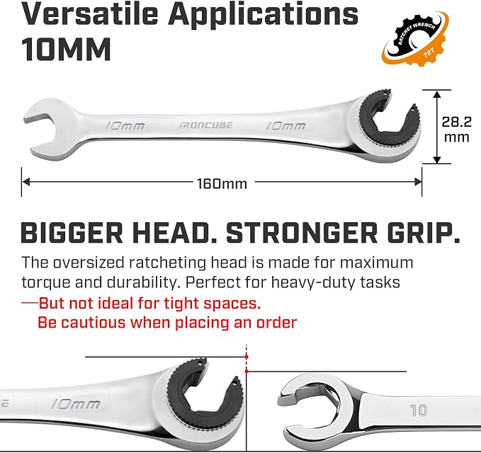 ironcube 10mm Brake Line Wrench Set: Metric Ratcheting Open-end for Nuts on Fuel, Brake or Air Conditioning Lines