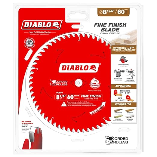 Diablo Fine Finish Saw Blade with Tico Hi-Density Carbide and Perma-Shield - Ideal for Wood, Plywood and Melamine - 8-1/4 in Diameter, 60 ATB Teeth - D0860X