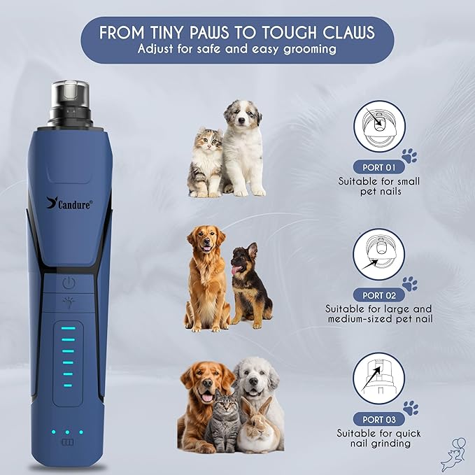 Candure Dog Nail Grinder Upto 6-Speed Dog Nail Trimmer for Large, Medium, Small Dogs, Cats & Pets - Low Noise Rechargeable Dog Claw Grinder with 360° LED Lights & Extra Grinder Head (Dark Blue)