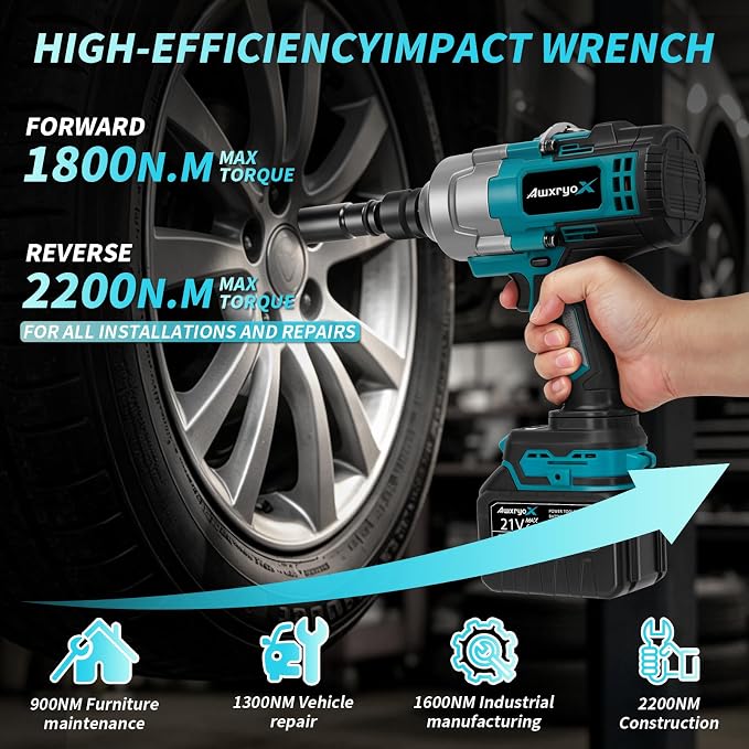 AwxryoX 21V Cordless Impact Wrench,1623Ft-lbs(2200N.m) High Torque Brushless Impact Gun with 2×6.0Ah Battery,3/4" 4 Speed Electric Pistola De Impacto with 1/2 Adapter for Truck/Mower/Car/Industrial