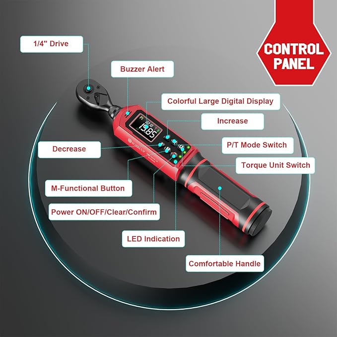 SUERCUP 1/4-inch Digital Torque Wrench(0.33-22.1Ft.Lb/0.45-30N.m) ±1% Accuracy Digital Torque Wrench with Vibration, Buzzer,LED Notification and Five Units of Measure, for Bike, DIY and Home Repair