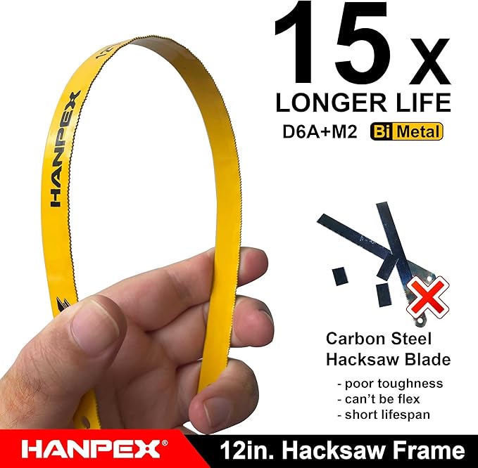 Hanpex 12in. High-Tension Hacksaw Frame with 24 TPI Bi-metal Blade, Hand Saw Suitable for Metal, wood, PVC, Carpentry（Black Handle）