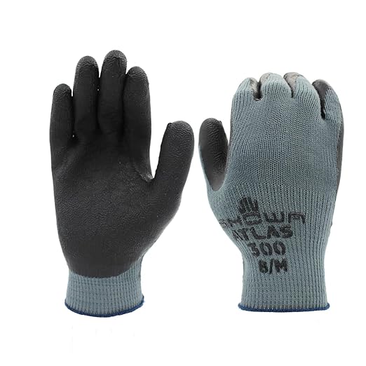 SHOWA Atlas 300B Original 1994 Crinkle Grip Work Gloves, Natural Latex Palm, Heavy Duty 10-Gauge for Construction, Landscaping, Gardening, & Masonry, Black, Large, Vending Pack, 12-Pair